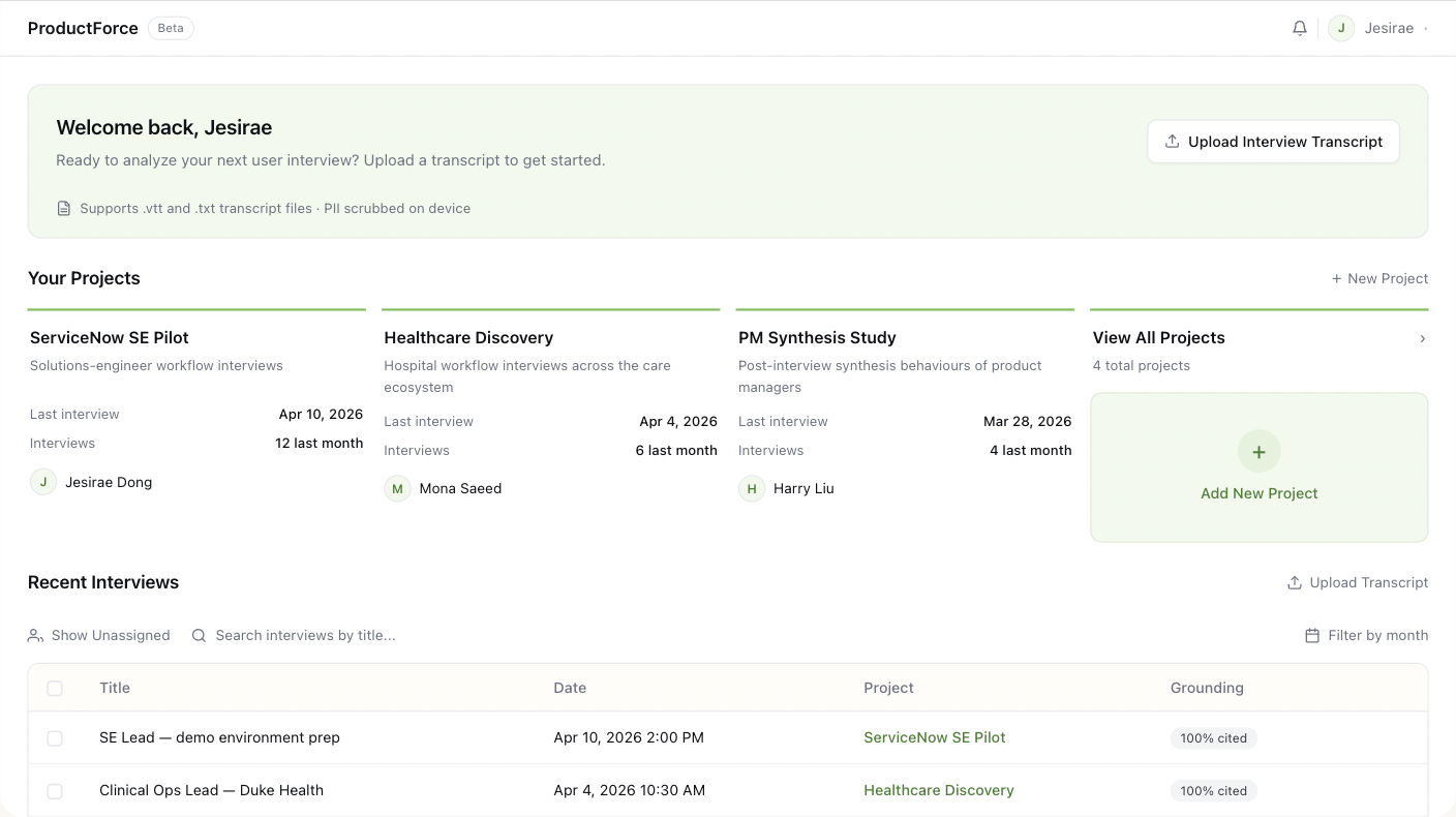 ProductForce dashboard — projects overview